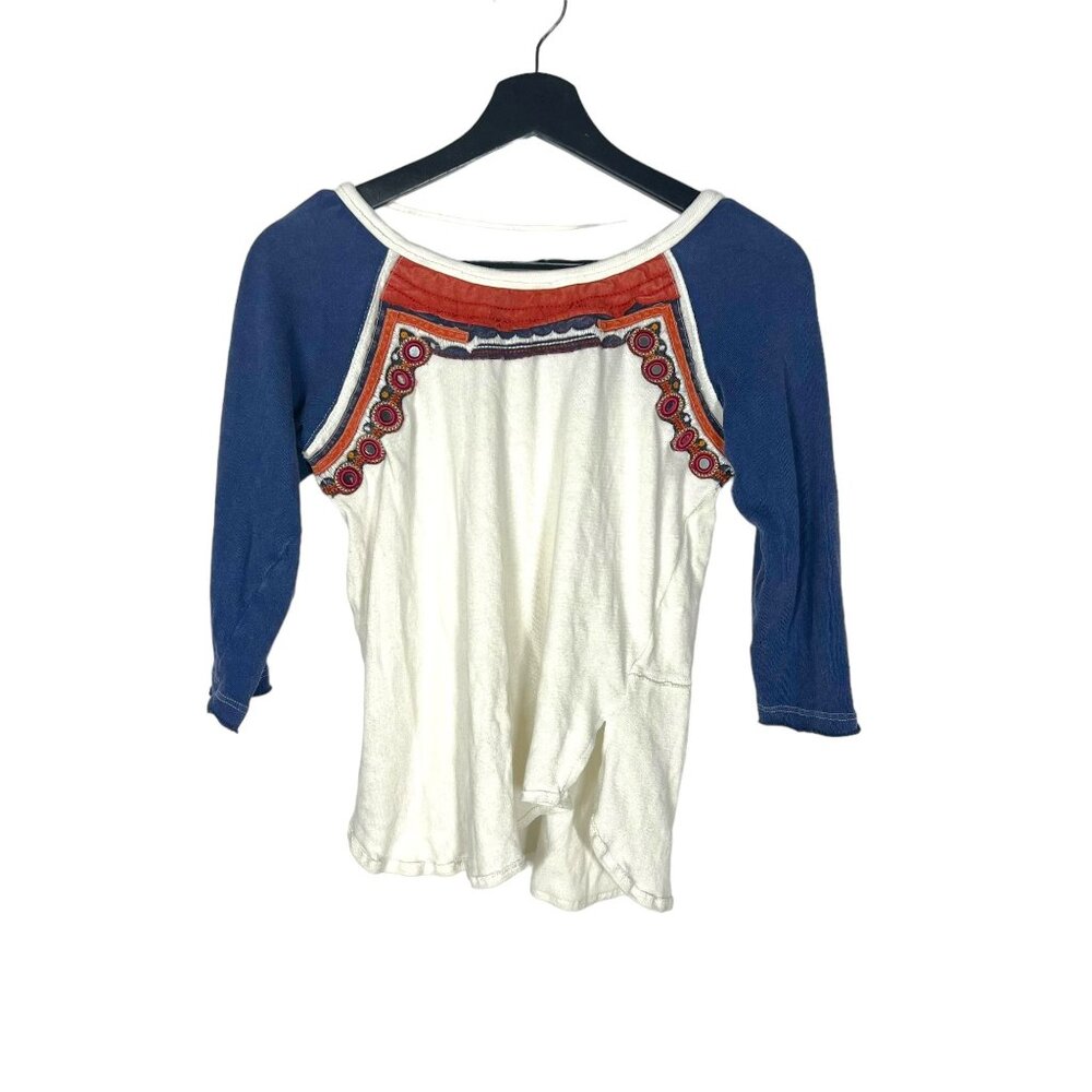 Free People White Blue Ragland Long Sleeve Top XS